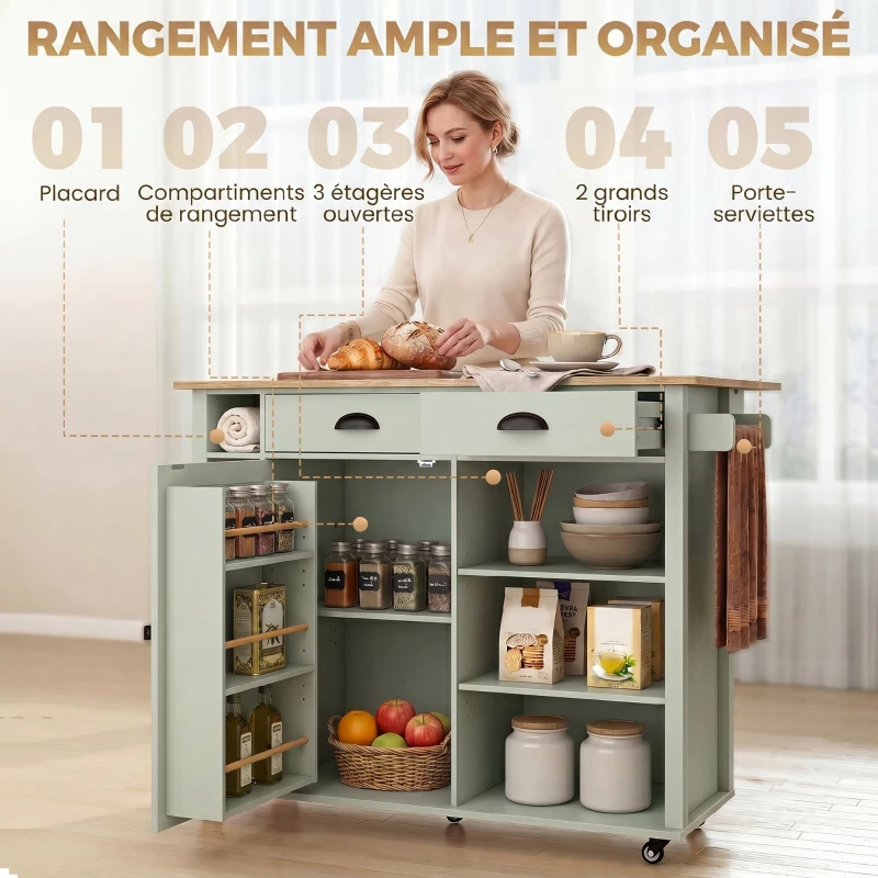 HOMCOM Îlot central cuisine avec plateau pliant, desserte de cuisine sur roulettes avec 2 tiroirs, porte-serviettes, vert