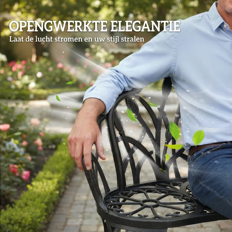 Outsunny Tuinbank 2-zits gietaluminium weerbestendige buitenzitbank met tulp-rugleuning bloemenmotief 99 x 57 x 78 cm