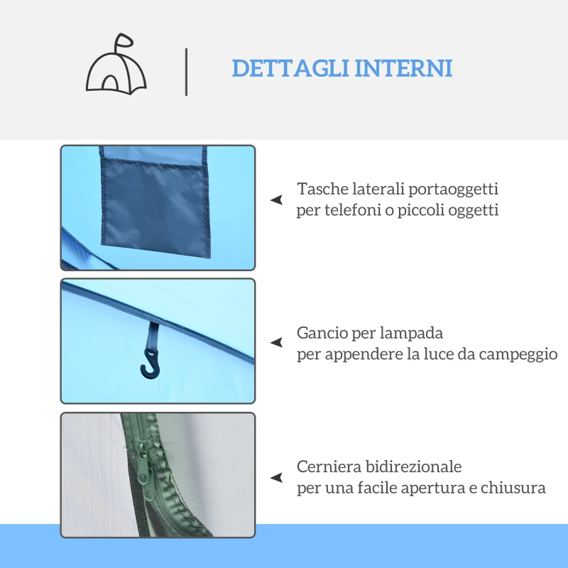 Outsunny Tenda da Campeggio Pop Up 2 Posti con 2 Porte, 4 Finestre e Telo Impermeabile, 263.5x220x123 cm, Blu
