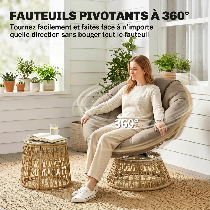 Outsunny Ensemble salon de jardin 3 pièces avec 2 fauteuils papasan pivotant et 1 tables basse ronde polyester résine tressée