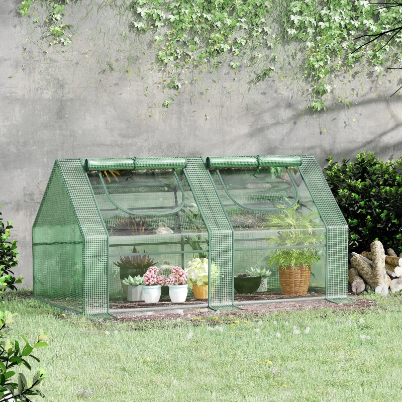 Outsunny Mini Serre de Jardin Serre à tomates mini serre tunnel Double bâche toit pointu 180L x 90l x 90H cm Acier PE PVC 2 fenêtres avec Zip enroulables Vert