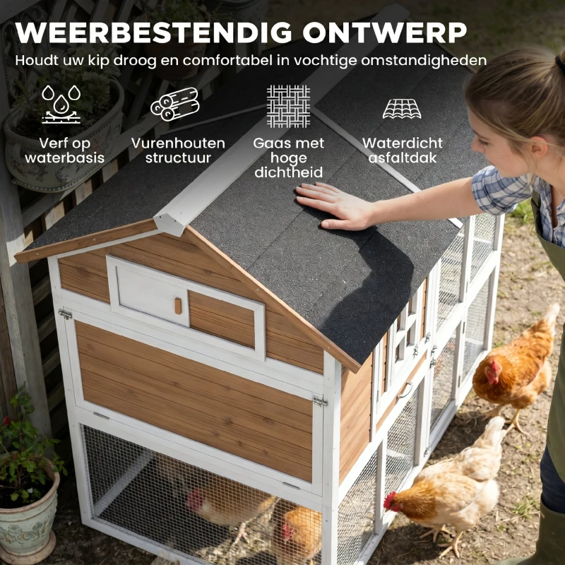PawHut Kippenhok met uitloop en nestkast, uittrekbare lade, asfalt dak voor 4 kippen 200x104x145cm hout, bruin
