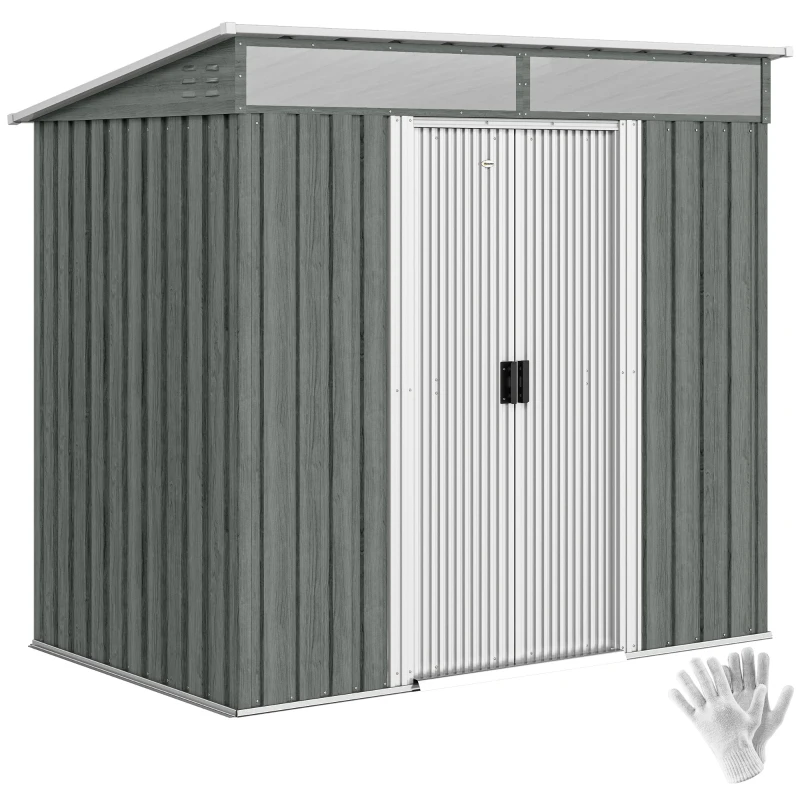 Outsunny Casetta da Giardino con Porte Scorrevoli e Pavimentazione in Acciaio, 195x122x181.5 cm, Grigio Chiaro
