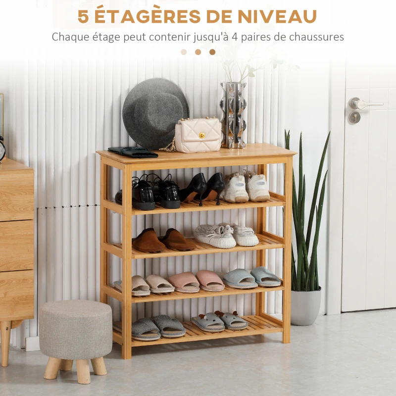 HOMCOM Étagère à chaussures à 5 niveaux, porte-chaussures en bambou avec 4 étagères à lattes, 80x29x82cm, effet bois naturel