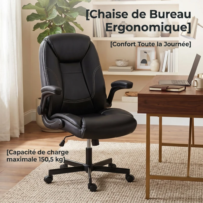 HOMCOM Chaise bureau ergonomique fauteuil de bureau accoudoirs relevables hauteur réglable fonction bascule noir
