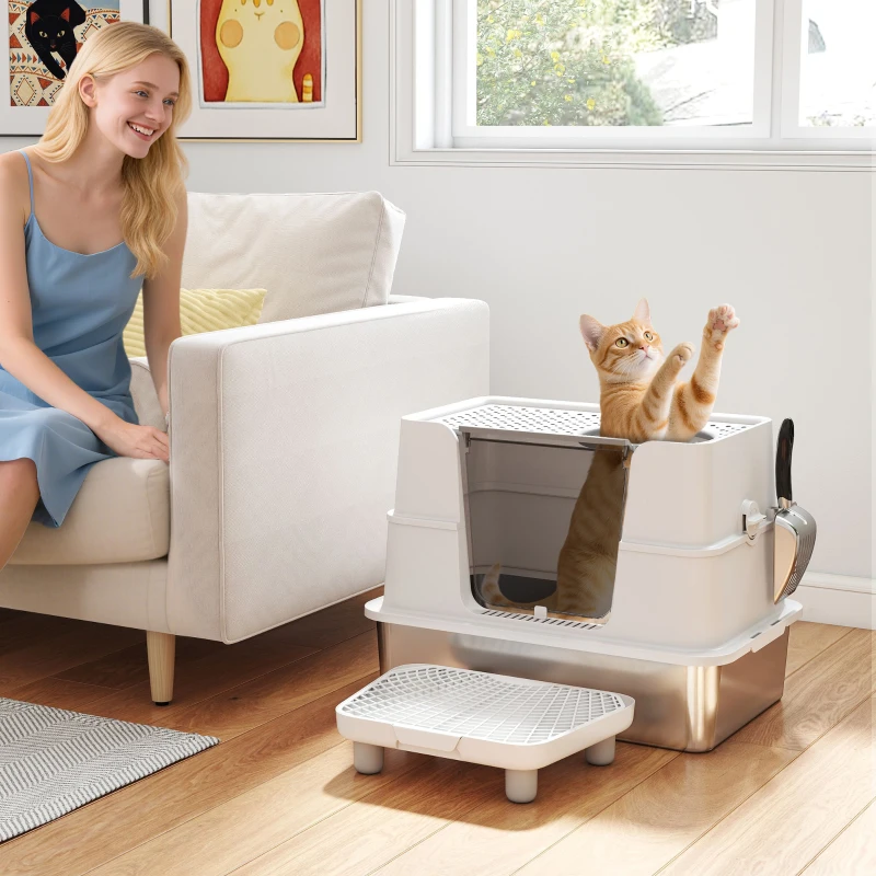 PawHut Bac à Litière XL en Acier Inoxydable pour Grand Chat, Couvercle Pivotant 100°, Pelle, 60,2x40,2x44,5cm, Gris Clair