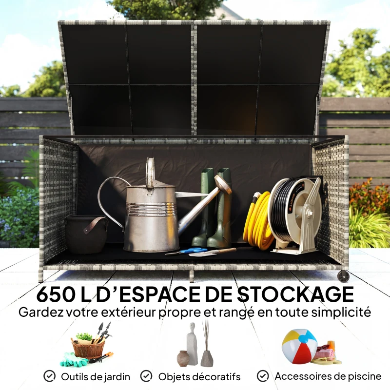 Outsunny Coffre de jardin en résine tressée, coffre de rangement extérieur 650 L imperméable avec doublure zippée