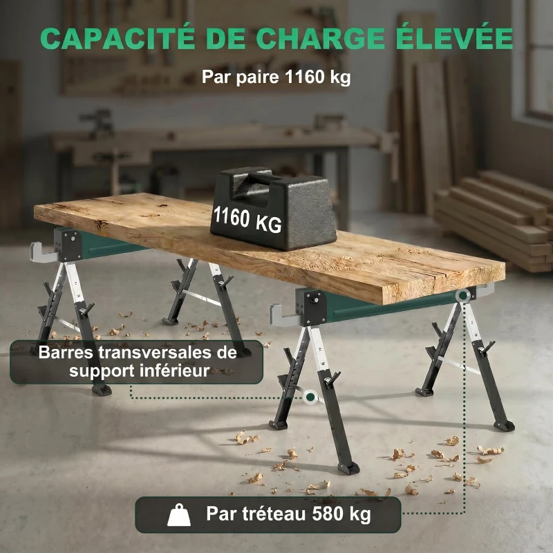 HOMCOM lot de 2 tréteaux pliables en métal, charge max 1160 kg, hauteur réglable 64-81cm, poignée de transport, vert