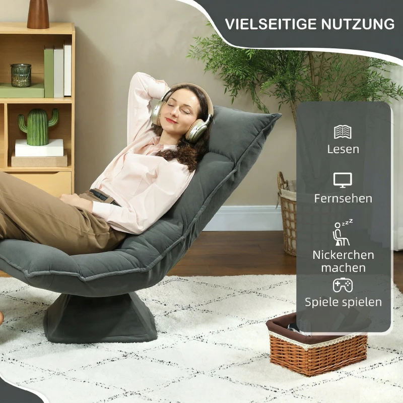 HOMCOM Chaise de sol pivotante à 360°, fauteuil pliable en velours avec dossier réglable 5 positions, 70x62x95cm, gris foncé
