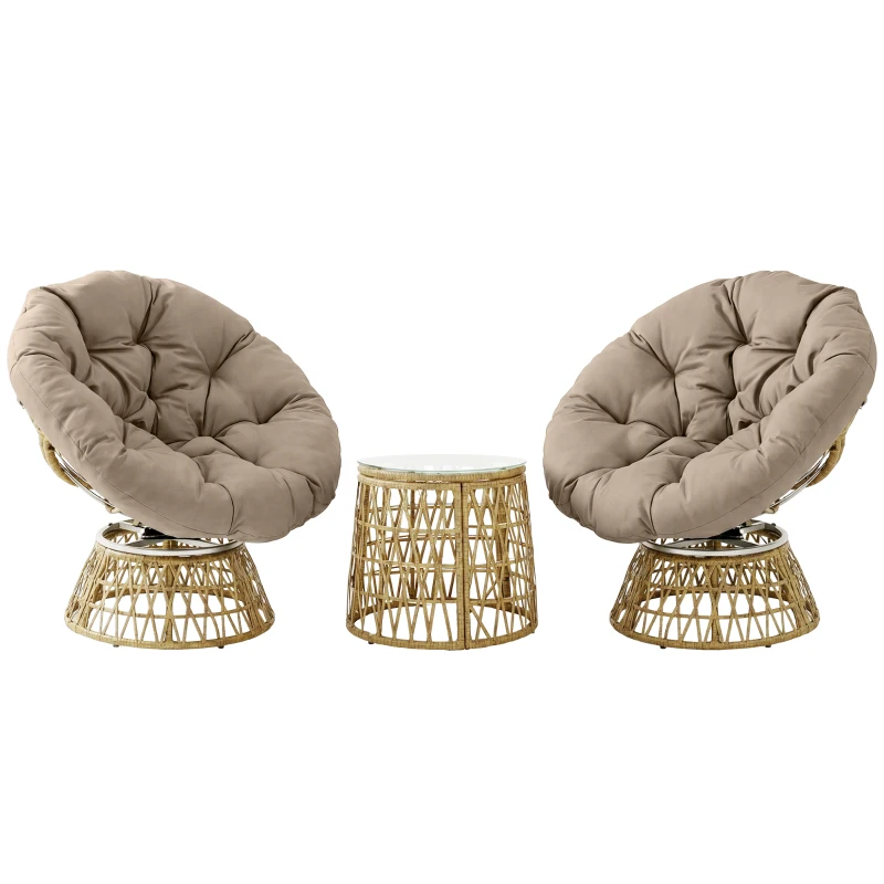 Outsunny Ensemble salon de jardin 3 pièces avec 2 fauteuils papasan pivotant et 1 tables basse ronde polyester résine tressée