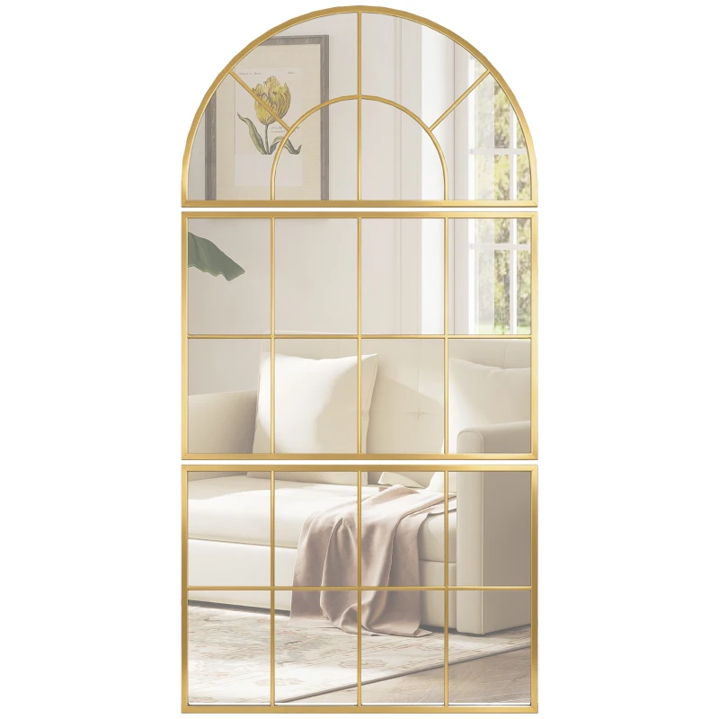 HOMCOM Miroir mural arqué miroir mural en forme de fenêtre ensemble de 3 pièces cadre en métal 76 x 150 cm doré