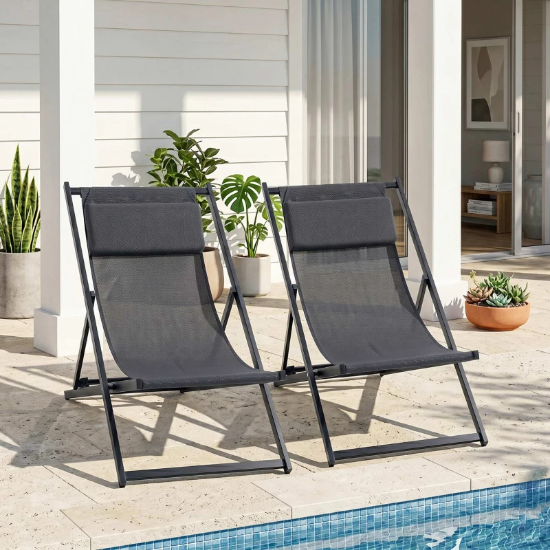 Outsunny Lot de 2 bain de soleil, chaise longue pliante avec appuie-tête en textilène inclinable 60 x 100 x 85 cm gris foncé
