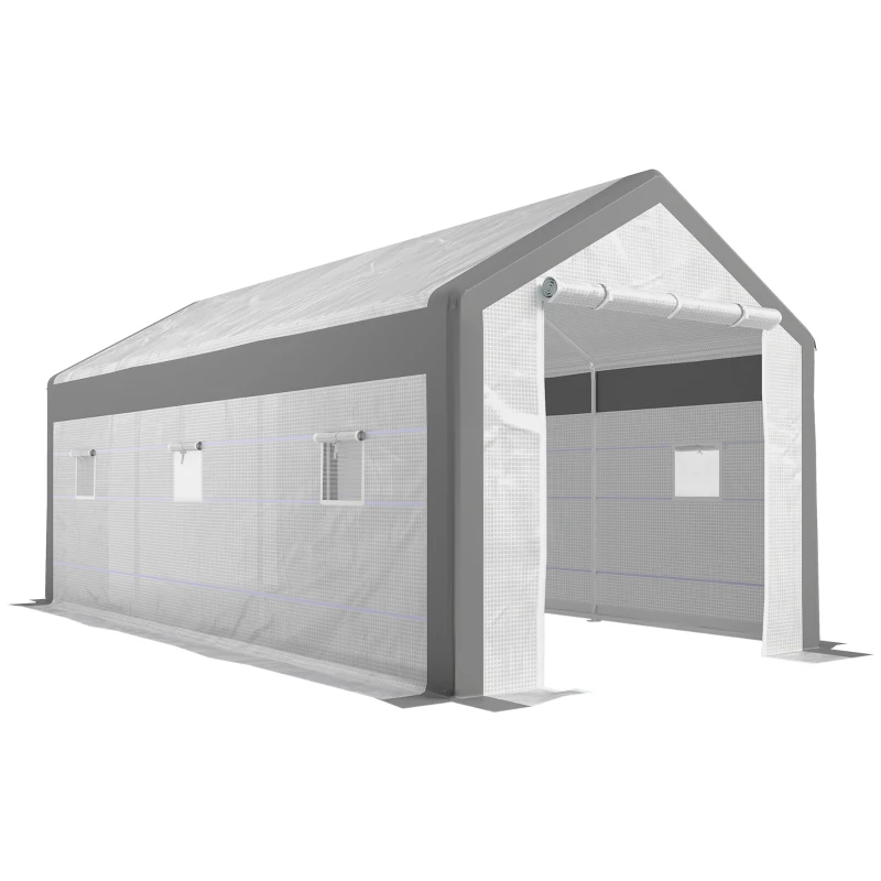 Outsunny Serre de Jardin Tunnel Surface Sol 18 m² 6L x 3l x 2,8H m châssis Tubulaire renforcé Acier 2 Portes + 6 fenêtres enroulables PE Polyester Blanc Gris