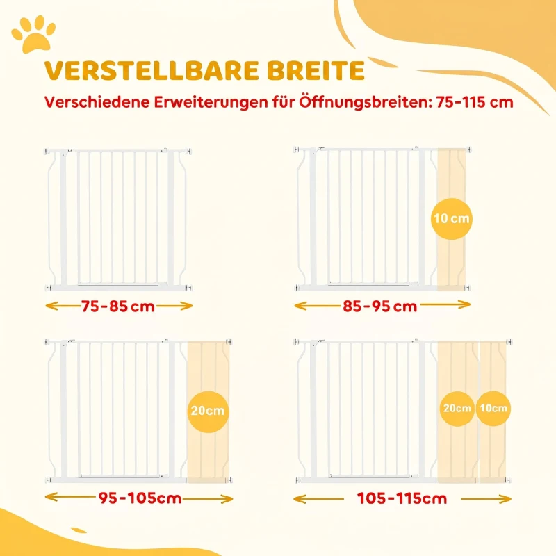 PawHut Poartă de Siguranță pentru Câini din Oțel și ABS, Extensibilă 75-115cm pentru Scări și Uși, Alb