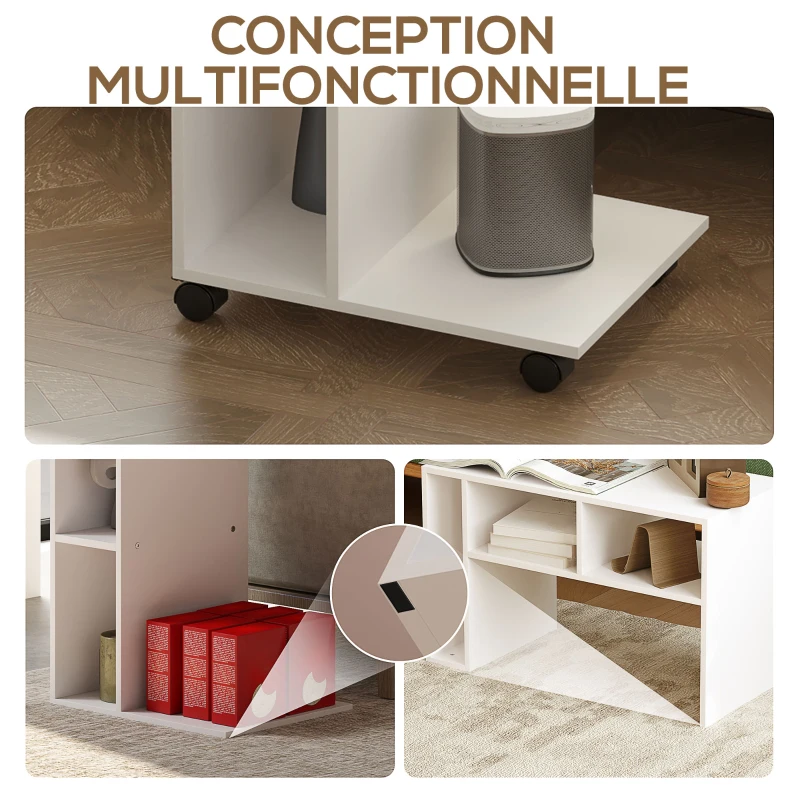 HOMCOM Table d'appoint en forme de C avec roulettes, avec 3 compartiments et 1 étagère ouverte, 40 x 30 x 69 cm, blanc