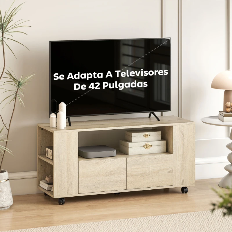 HOMCOM Mueble de TV con Ruedas para Televisión hasta 42 Pulgadas con 2 Cajones Estantes Ajustables Madera Natural
