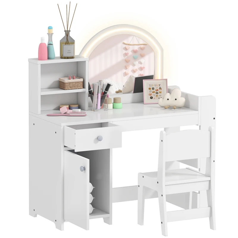 AIYAPLAY Kids Vanity Table and Chair Set, Girls Dressing Table with 2-Colour LED Mirror, Stool, Cabinet, Drawer, Shelves, White