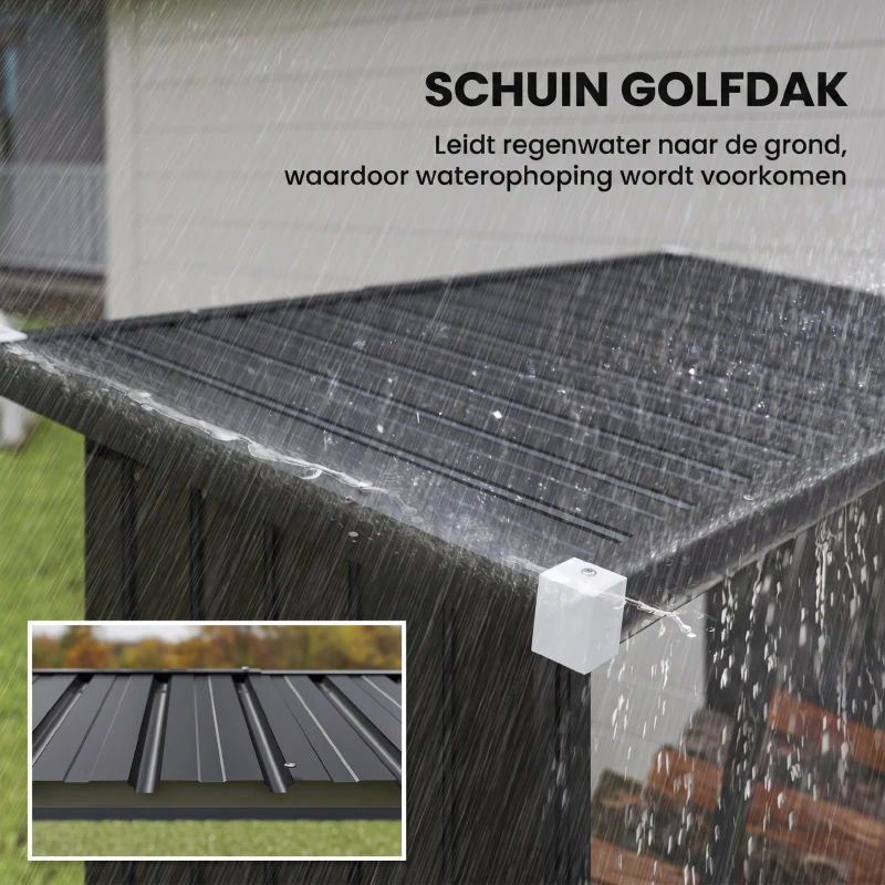 Outsunny Brandhoutschuur met verhoogde bodem, stalen constructie, schuin dak – 150 x 66,5 x 144/150 cm, donkergrijs(m-6)