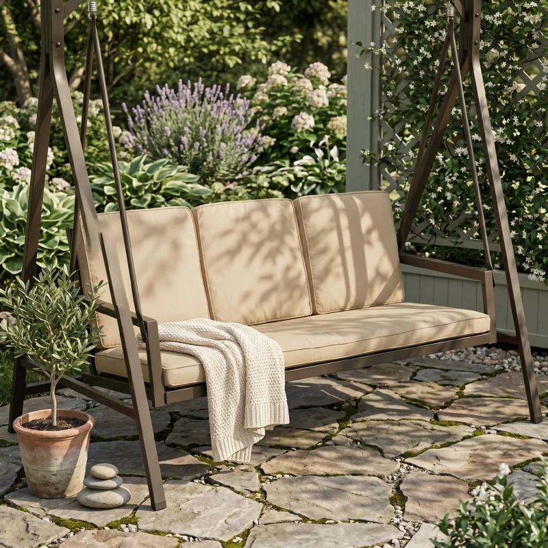Outsunny Hollywoodschommel Tuinschommel Schommelbank, verstelbaar zonnedak, 200 cm x 125 cm x 175 cm, Beige + Bruin