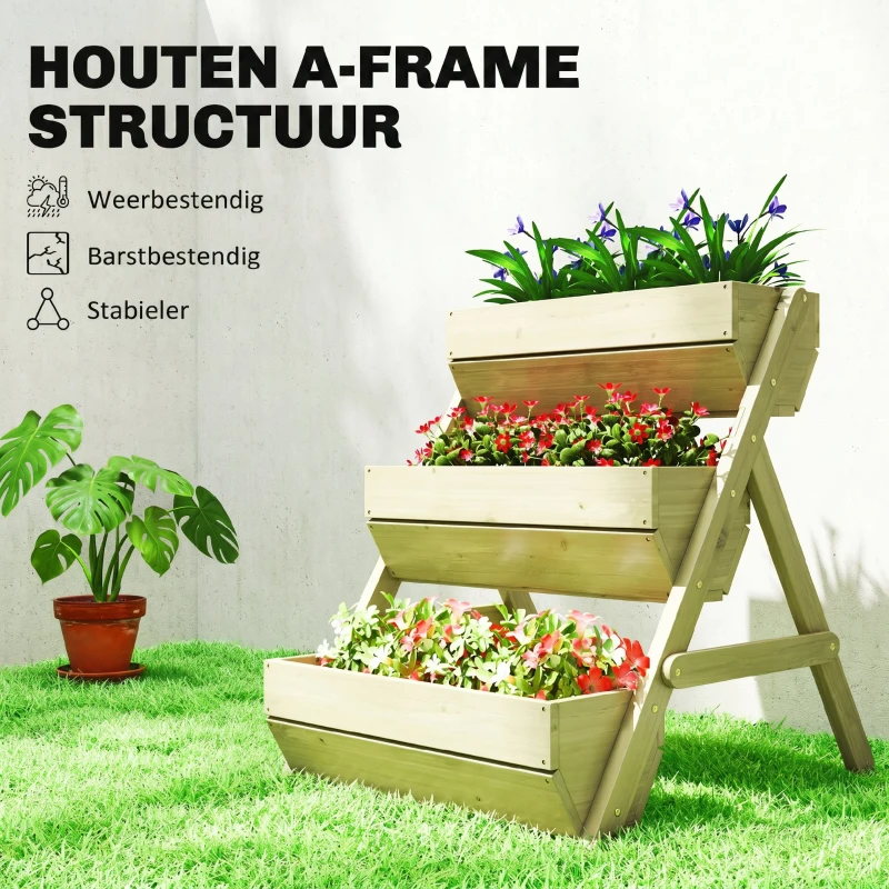 Outsunny Verticaal hoogbed met 3 lagen, houten plantenbak met 3 plantenbakken en afvoergaatjes, Groen