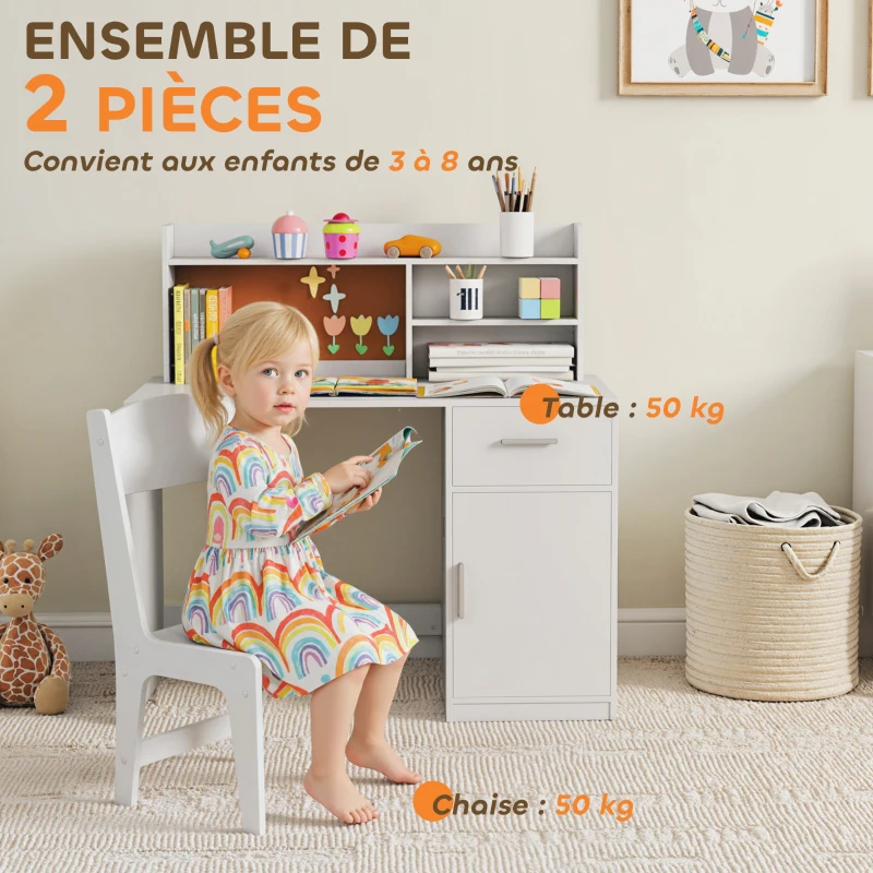 AIYAPLAY Bureau enfant avec chaise, table enfant et chaise, tiroir, placard, compartiments ouverts, tableau en liège, blanc