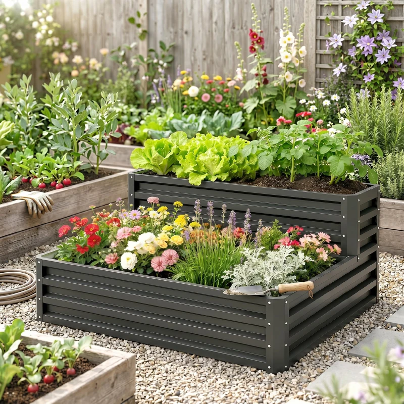 Outsunny Carré potager de jardin fond ouvert 2 étages pour herbes légumes fruits fleurs 120 x 101 x 58 cm gris foncé