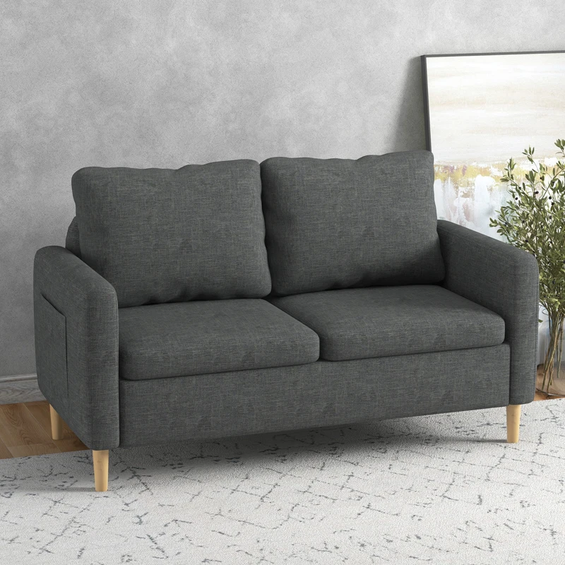 HOMCOM Canapé 2 places style contemporain pochettes sur les accoudoirs pieds en bois revêtement tissu aspect lin - gris