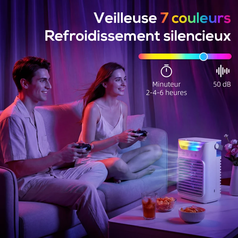 HOMCOM Climatiseur portable, mini rafraîchisseur d'air 4 en 1, 3 vitesses, 2 modes brumisation, éclairage LED RGB 7 LED, blanc