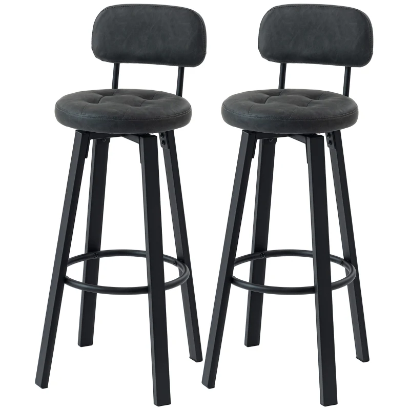 HOMCOM Juego de 2 Taburetes Altos de Cocina Giratorios Tapizados de PU con Respaldo Marco de Metal Reposapiés Gris Oscuro