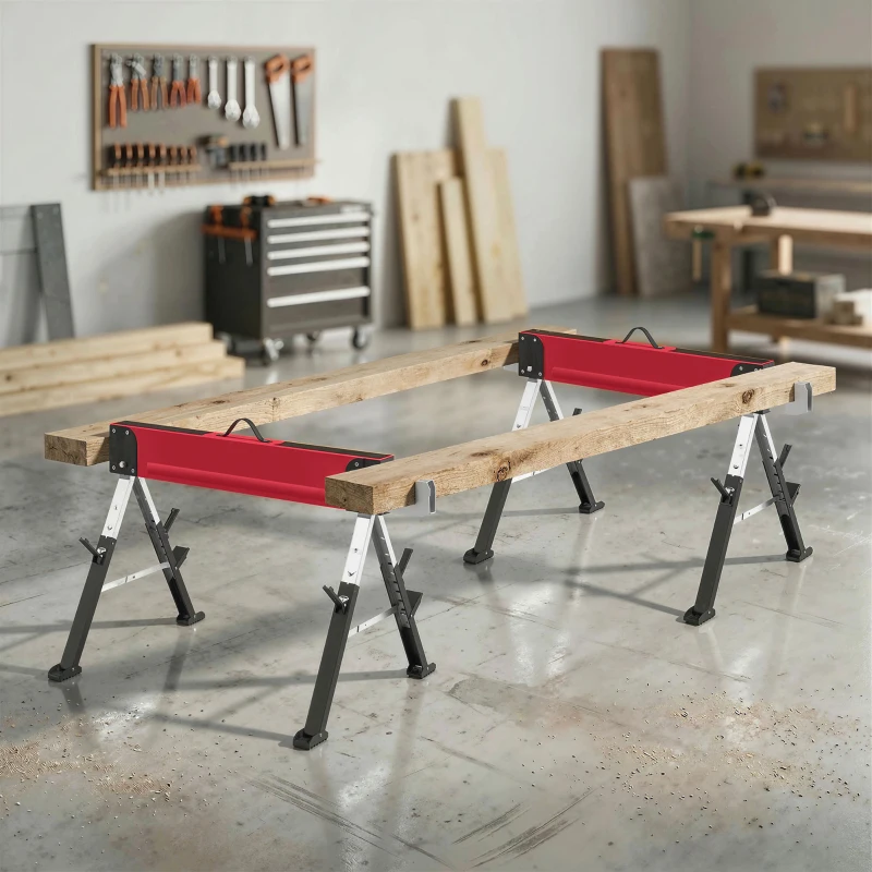 HOMCOM 2-delige set zaagbokken tot 1160 kg, inklapbaar, 7-voudig in hoogte verstelbaar (64-81 cm), metalen werkbokken met handgreep, rood