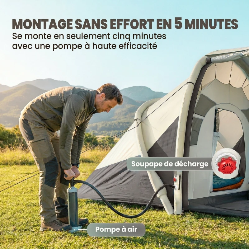 Outsunny Tente Gonflable Camping 2-4 Personnes avec Pompe 2 Chambres et Séjour Imperméable 3000mm 485x245x188cm Gris