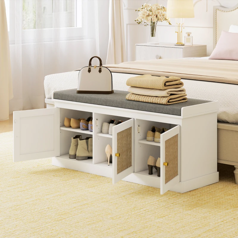 HOMCOM Shoe Storage Bench with Woven Rattan Doors, Seat - White