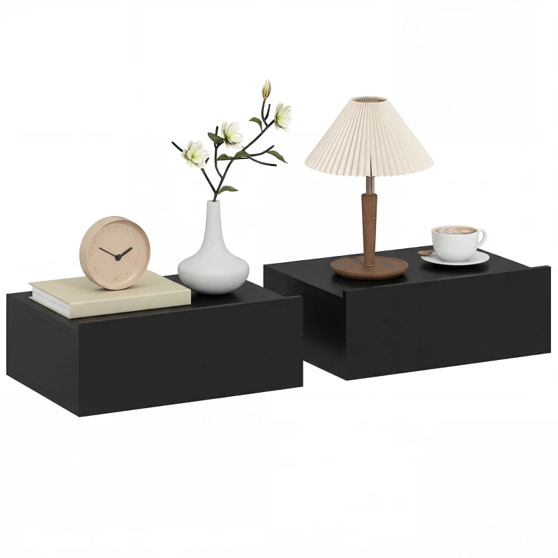 HOMCOM Lot de 2 tables de chevet murales, tables de nuit suspendues avec tiroir coulissant, 40 x 30 x 15 cm, noir