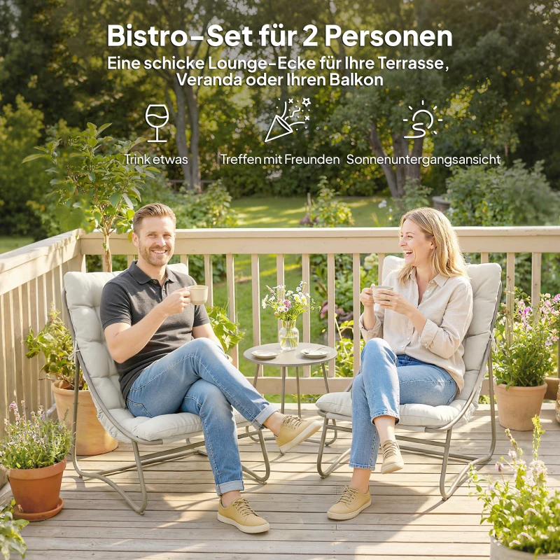 Outsunny Balkonmöbel Set 3 teilig Gartenmöbel Set mit Tisch Kissen Stahlgestell verstellbar Fußpads, Atmungsaktiv Hellgrau