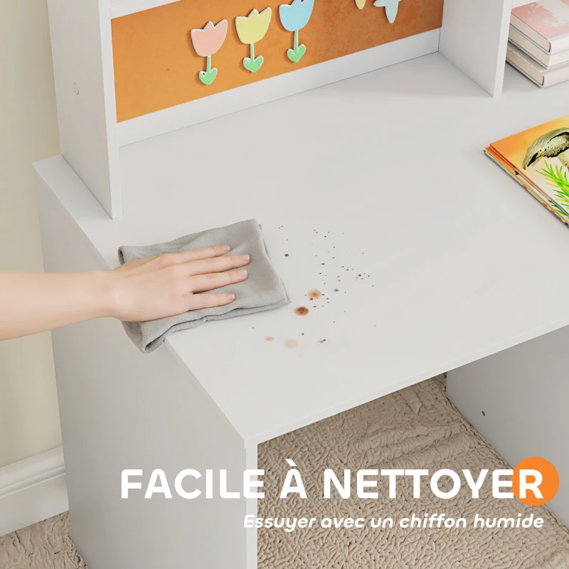 AIYAPLAY Bureau enfant avec chaise, table enfant et chaise, tiroir, placard, compartiments ouverts, tableau en liège, blanc