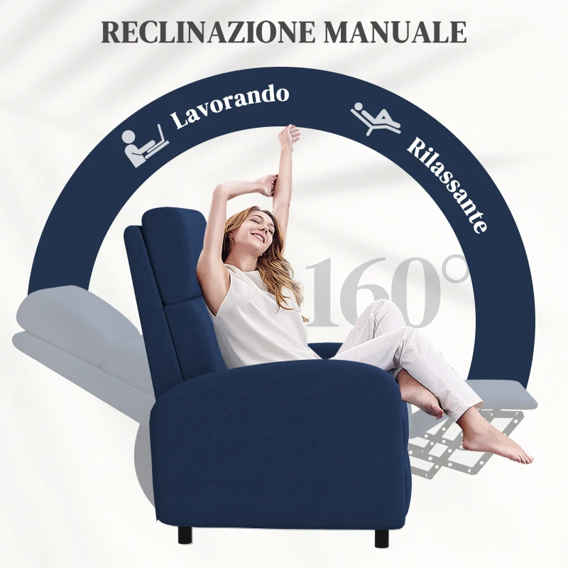 HOMCOM Poltrona Relax Reclinabile Manualmente a 160° con Poggiapiedi in Tessuto, Blu