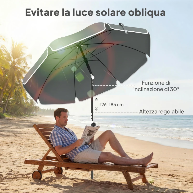 Outsunny Ombrellone da Spiaggia Inclinabile con Ancora per la Sabbia e Borsa da Trasporto, Ø150x185 cm, Grigio Scuro