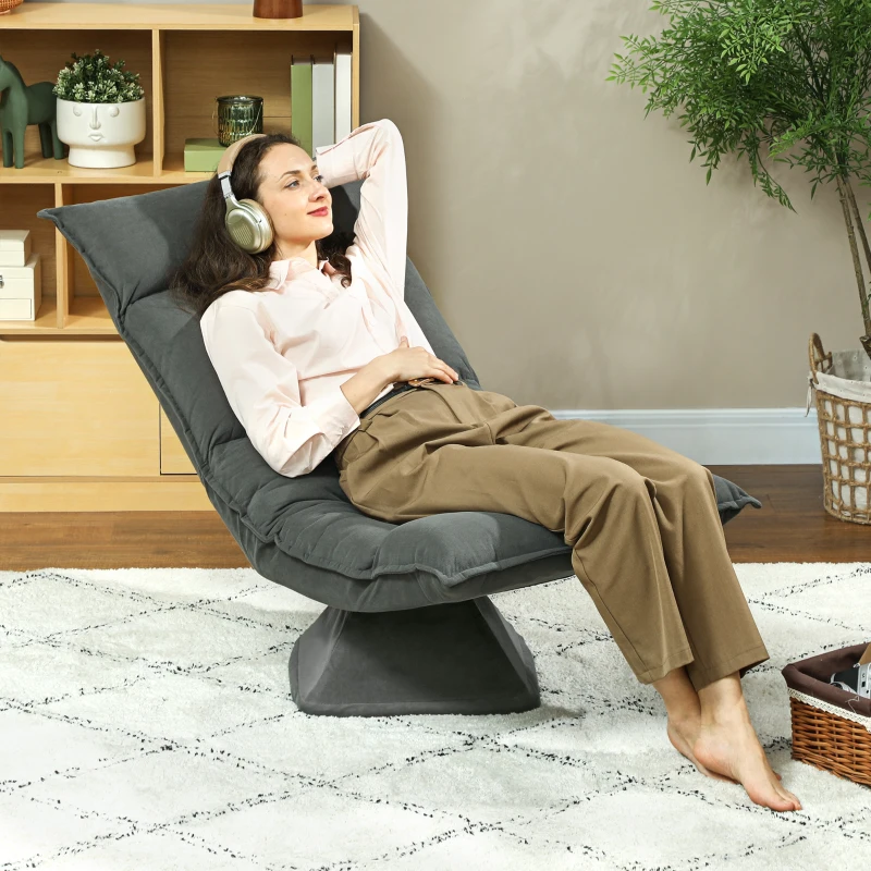 HOMCOM Chaise de sol pivotante à 360°, fauteuil pliable en velours avec dossier réglable 5 positions, 70x62x95cm, gris foncé
