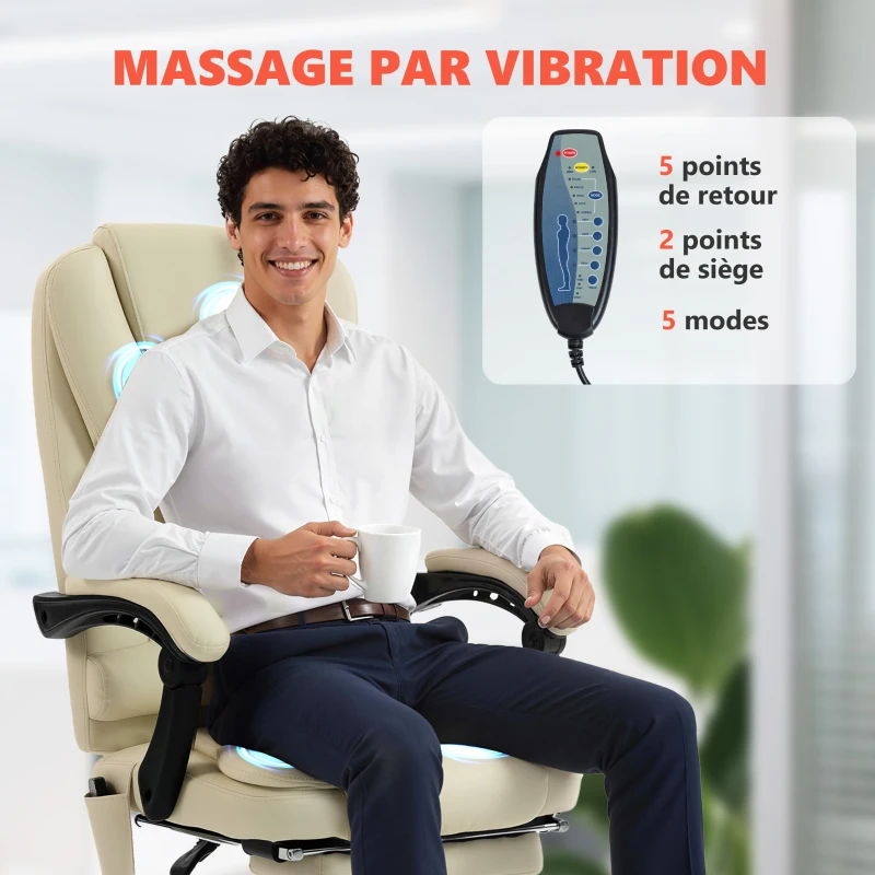 Vinsetto Fauteuil de bureau massant, chaise de bureau avec hauteur réglable, dossier inclinable et télécommande filaire, beige