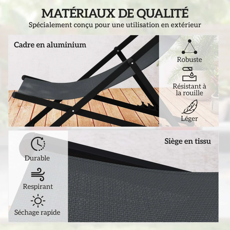 Outsunny Lot de 2 bain de soleil, chaise longue pliante avec appuie-tête en textilène inclinable 60 x 100 x 85 cm gris foncé