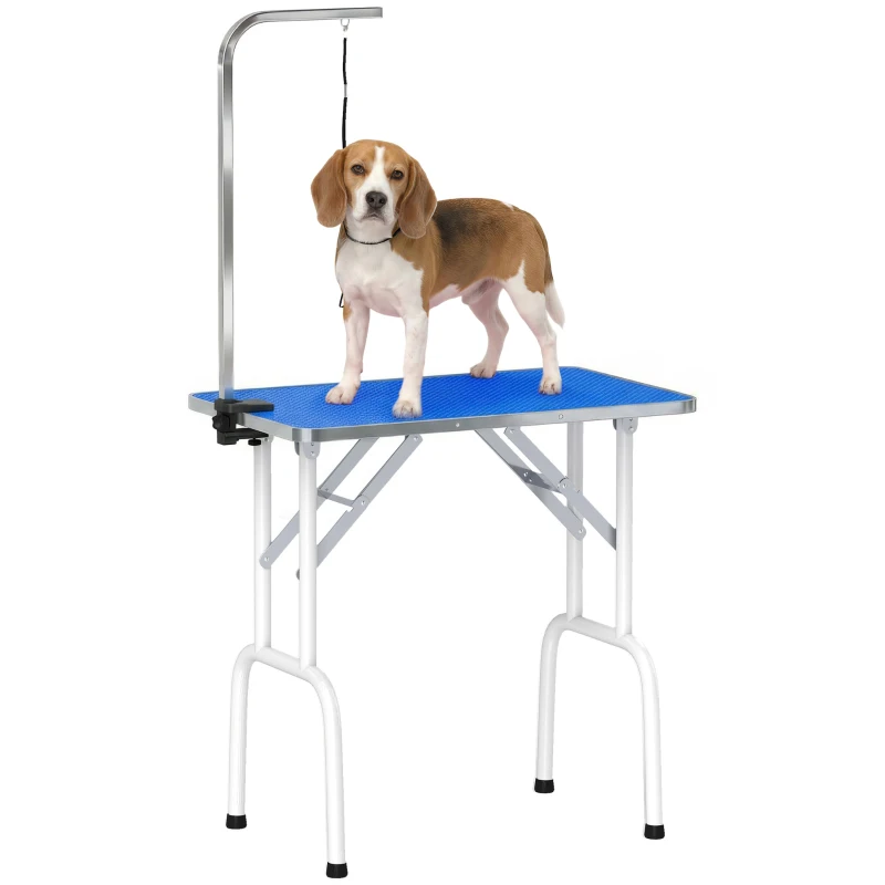 PawHut Mesa de Peluquería Canina Plegable con Encimera Antideslizante Brazo Ajustable 81x48,5x80 cm Azul