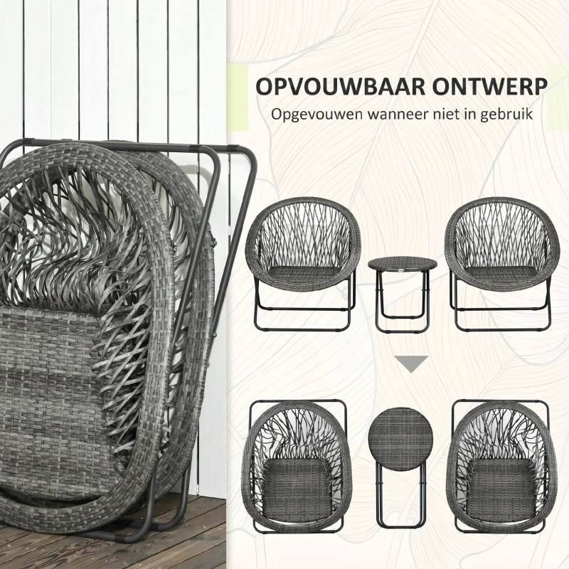 Outsunny Tuinmeubelset, 3-delig, rotanlook, 2 stoelen, 1 tafel, inklapbaar, Grijs