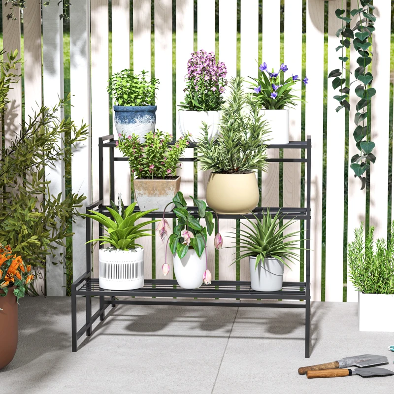 Outsunny Étagère à Fleurs en métal 3 Niveaux Intérieur et Extérieur, support de plantes en échelle, 75 x 70 x 66 cm, Noir