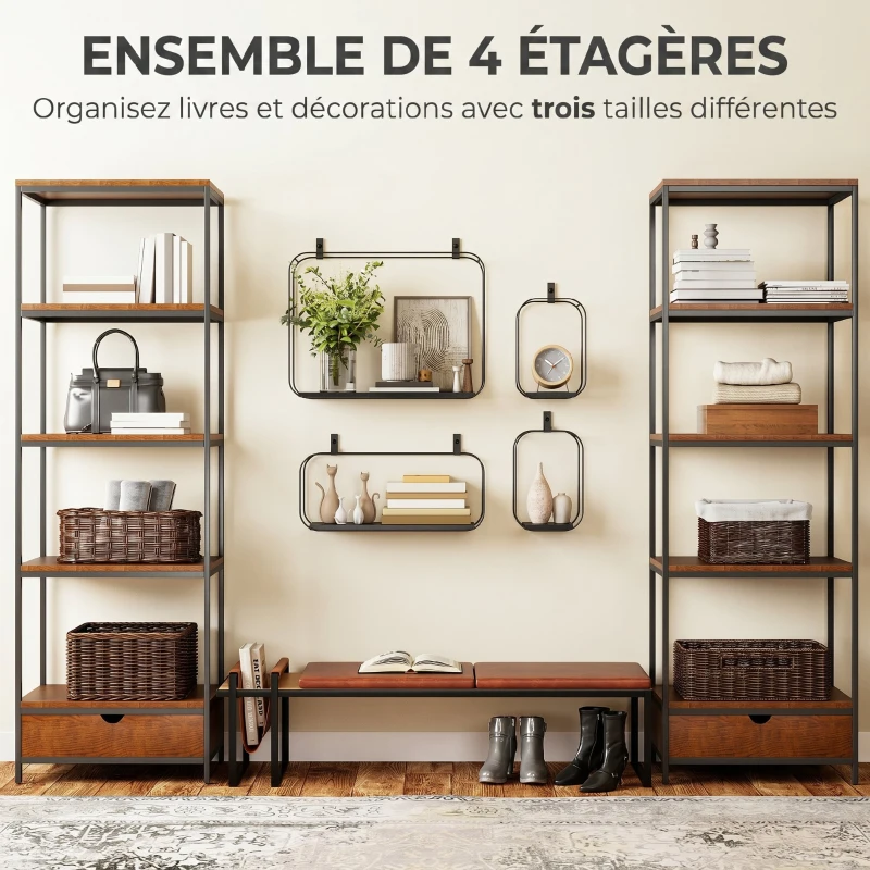 HOMCOM Lot de 4 étagères murales industrielles, étagères flottantes géométriques en métal, pour salon, chambre et bureau, noir