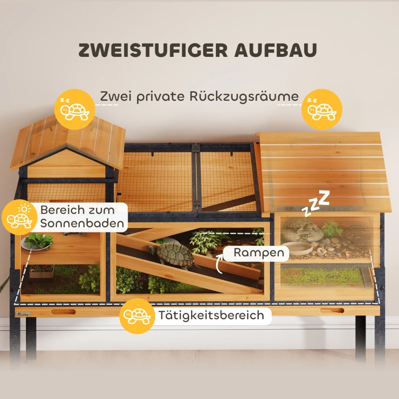 PawHut Schildkrötenhaus, Kleintiergehege, 2 Räume, 2 Stockwerke, Fenster, Rampen, Zubehör, Holz, Stahl, Gelb