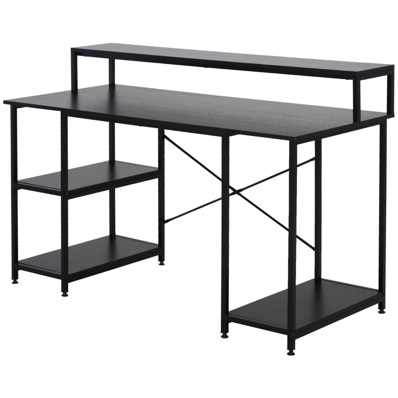 HOMCOM Mesa para Computadora Escritorio de Oficina Estudio con 3 Estantes Tabla Superior Patas con Almohadillas Ajustables Antideslizantes Marco Metálico 140x60x93 cm Negro