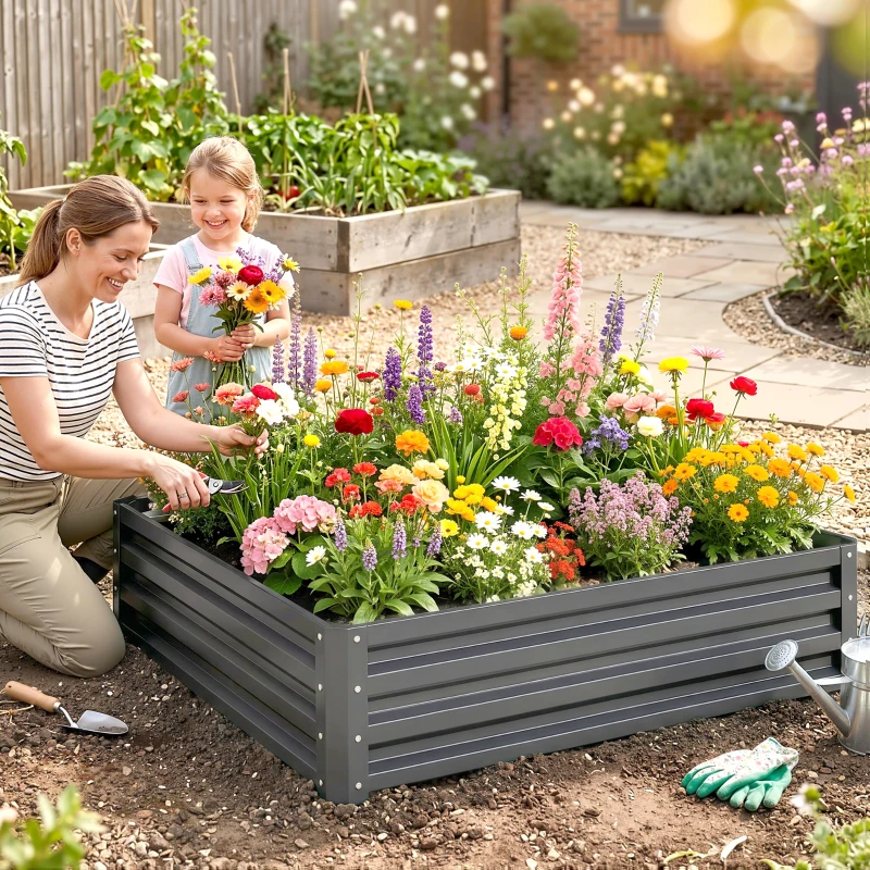 Outsunny Gartenbeet, Pflanzkasten mit Stahlgehäuse, Hellgrau, 120 x 120 x 30 cm