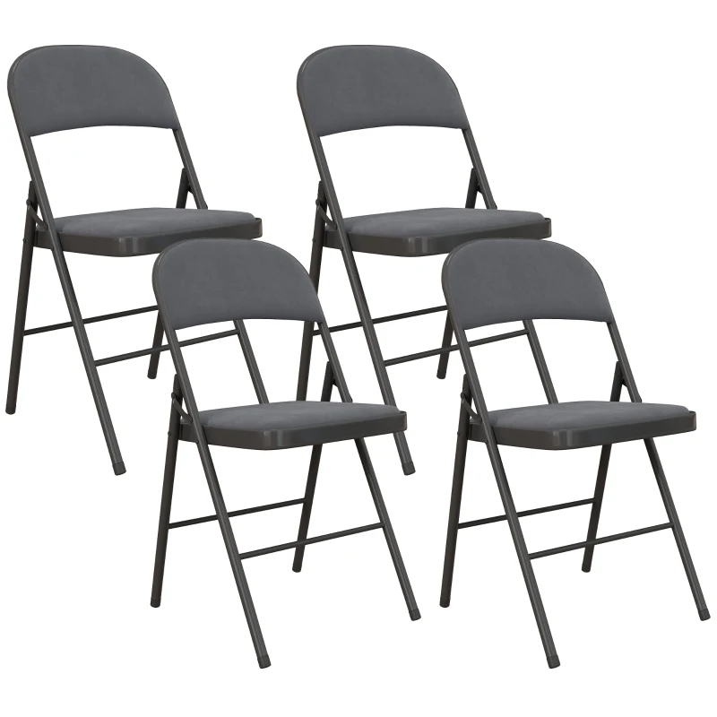 HOMCOM Lot de 4 chaises pliantes et portables intérieur avec assises et dossiers rembourrés en velours, cadre en acier, gris foncé