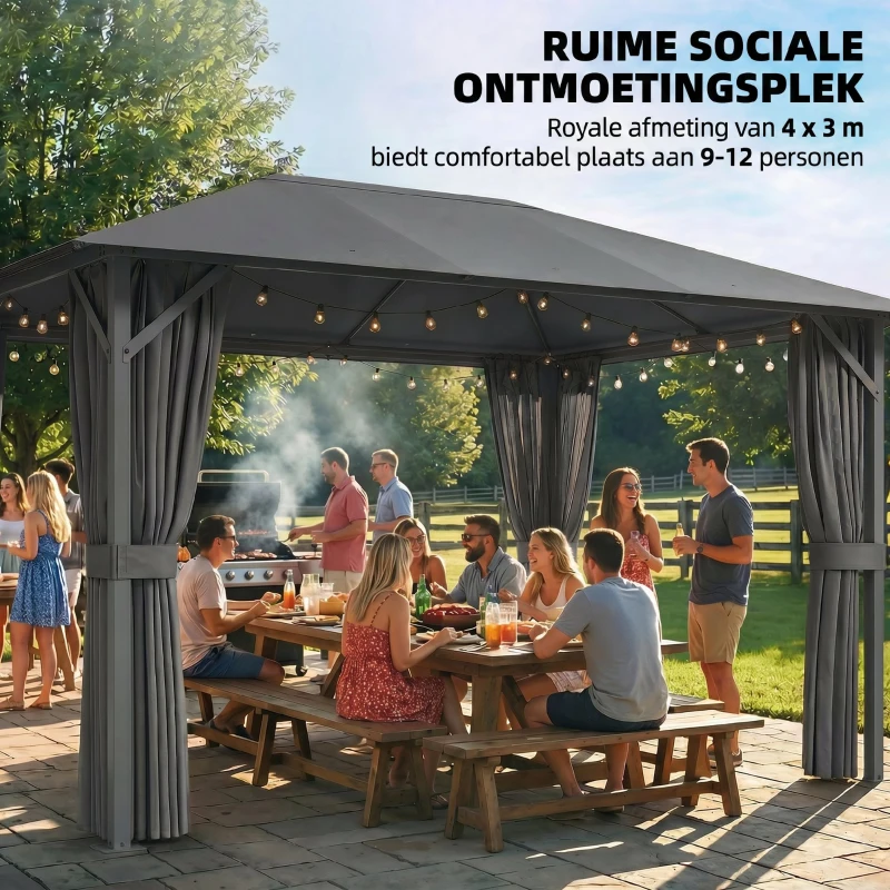 Outsunny Tuinpaviljoen ca. 4x3m waterafstotend stabiel winterbestendig met muskietennet, 4 zijwanden, ventilatie en afvoergaten