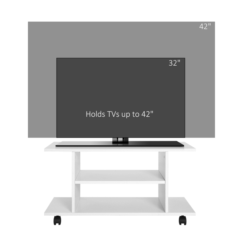 HOMCOM TV Unit for 42-inch TVs, Movable TV Table with Storage Shelves, TV Bench with Wheels for Bedroom, Living Room, White
